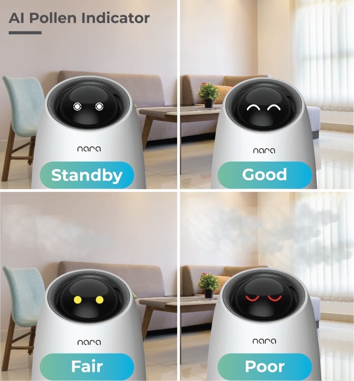 You can see the "eyes" displayed indicating standby and good, fair and poor pollen readings. 