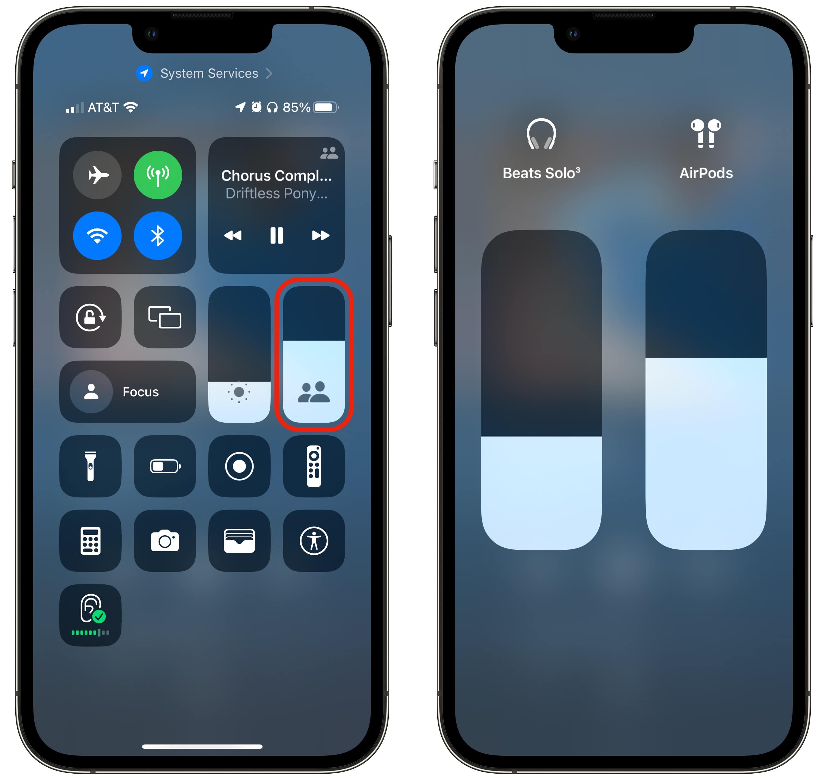 Selecting two different audio levels in Control Center