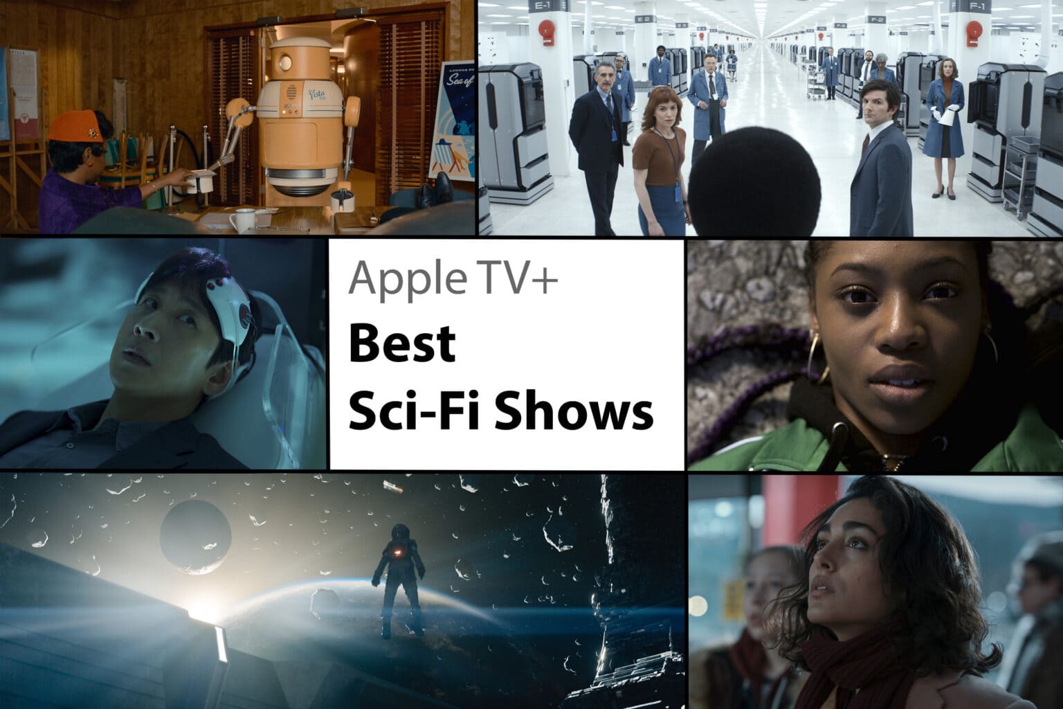 A collage showing scenes from the best sci-fi shows on Apple TV+.