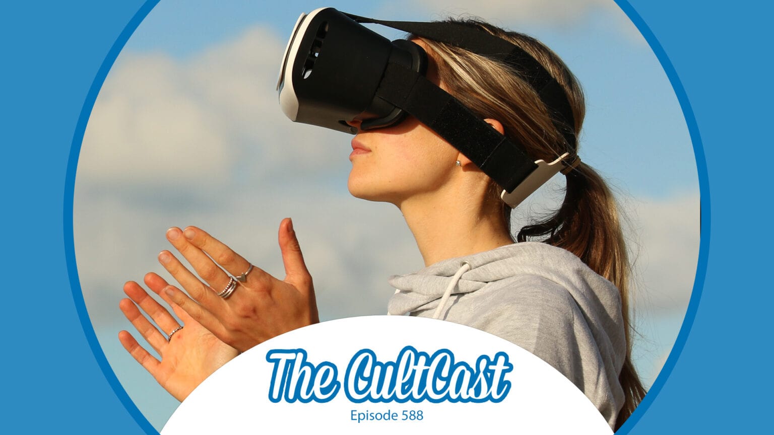 A woman wearing a VR headset outside, plus The CultCast logo.