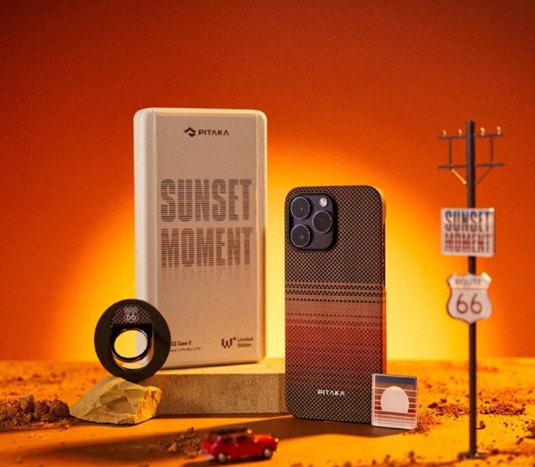 Pitaka Sunset Moment iPhone 14 case towers above a Route 66 diorama.