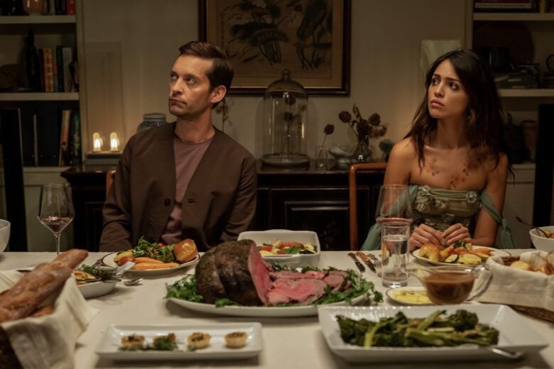 Eiza González and Tobey Maguire in "Extrapolations," now streaming on Apple TV+.