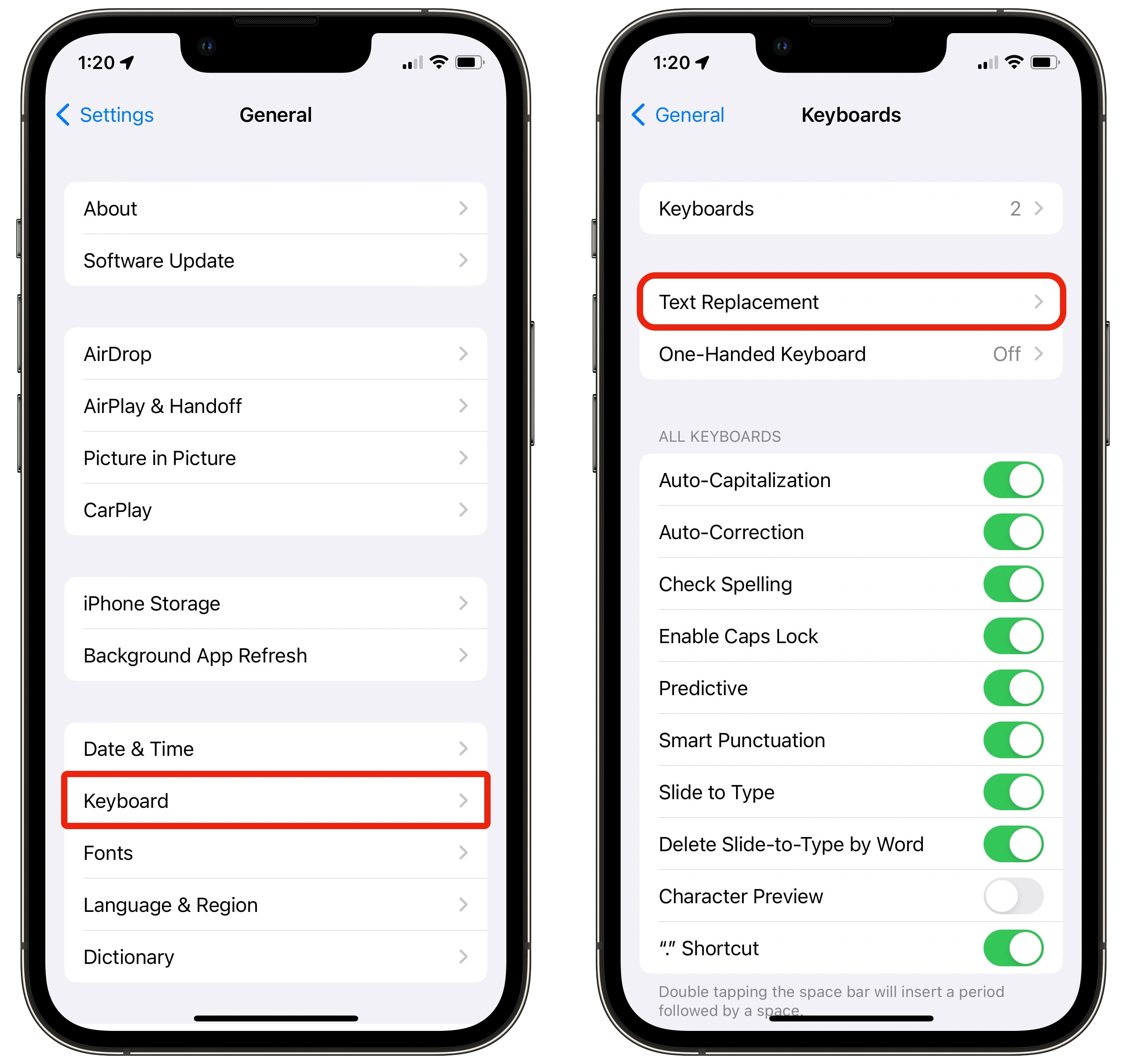 Find Text Replacement in Settings