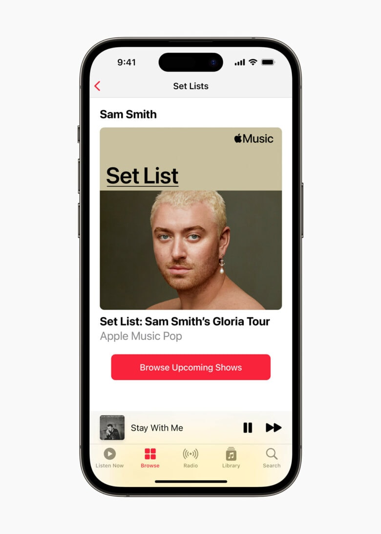 Apple Music’s Set Lists space features set lists across a selection of artists’ tours, and the ability to browse upcoming shows from the Music app.
