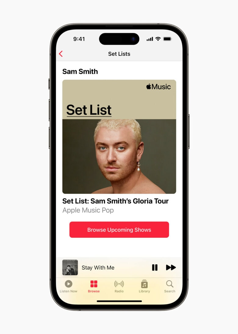 Apple Music Guides Set Lists Sam Smith_inline.jpg.large_2x Apple Music’s Set Lists space features set lists across a selection of artists’ tours, and the ability to browse upcoming shows from the Music app.