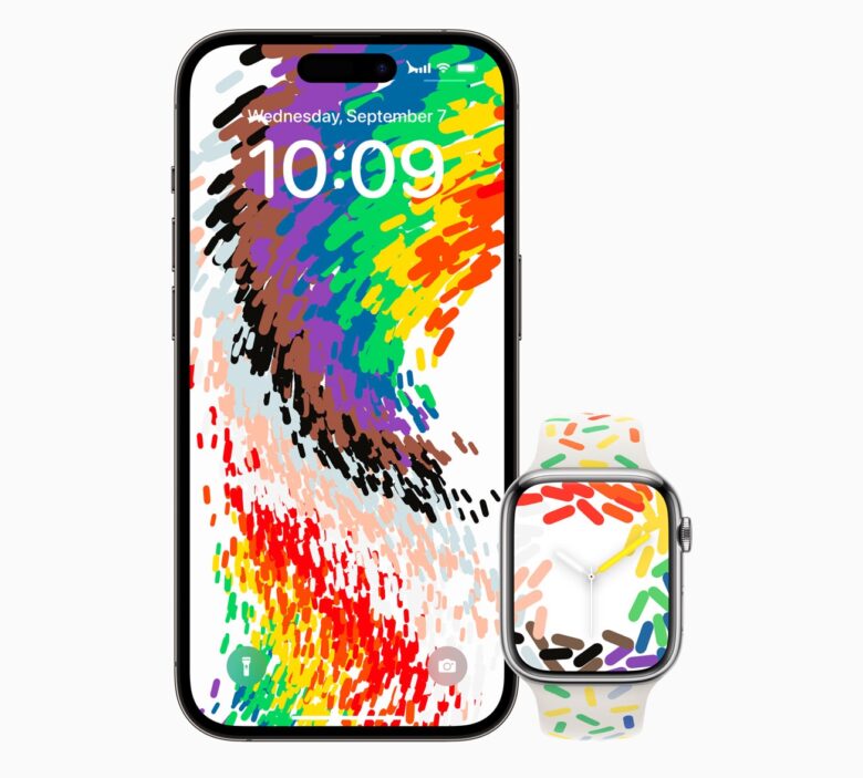 It looks a bit like sprinkles on vanilla ice cream on the watch band and face, but takes on the look of a colorful vortex in the iOS wallpaper.