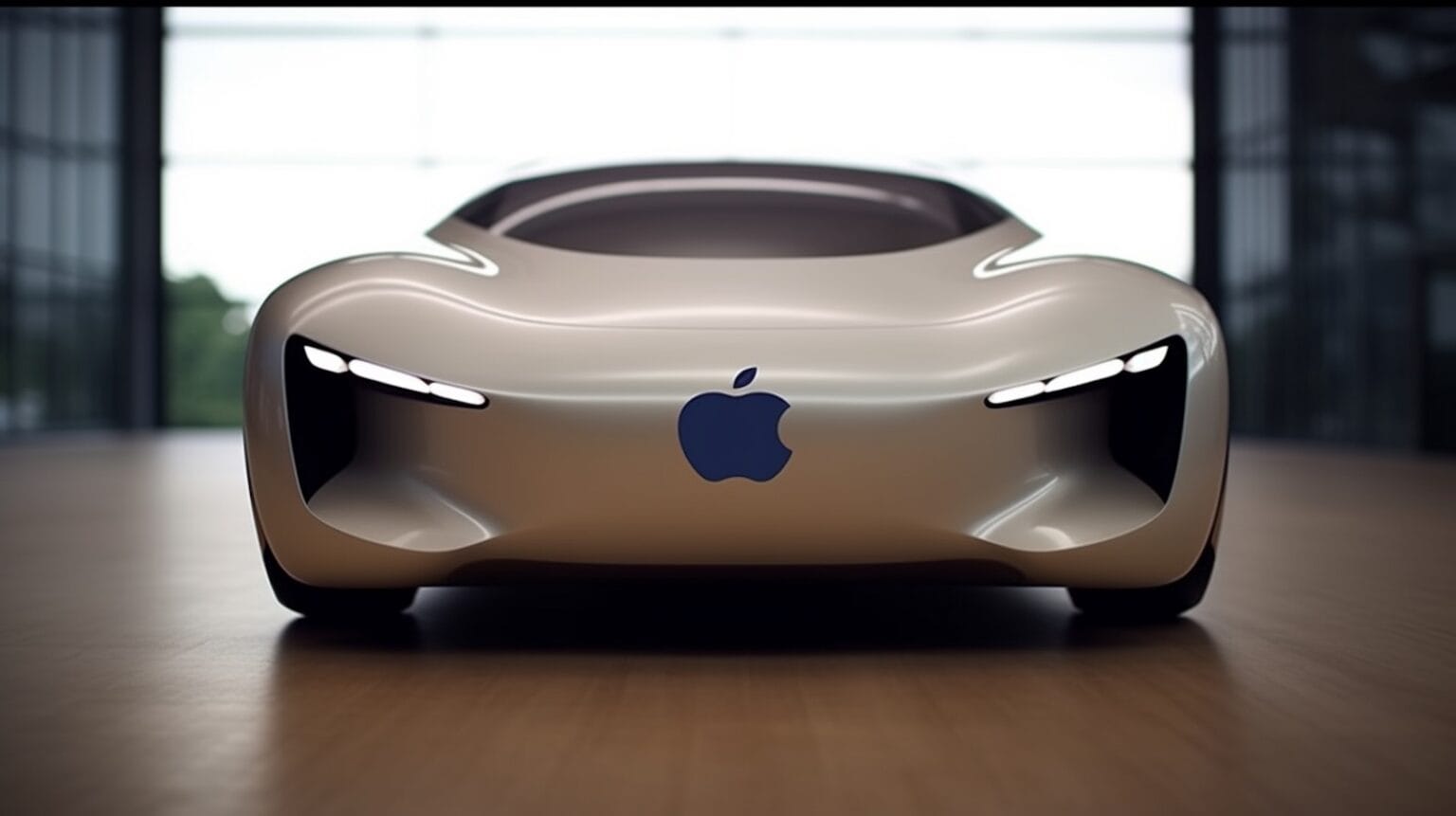 Front view of a glossy white luxury car with an Apple logo