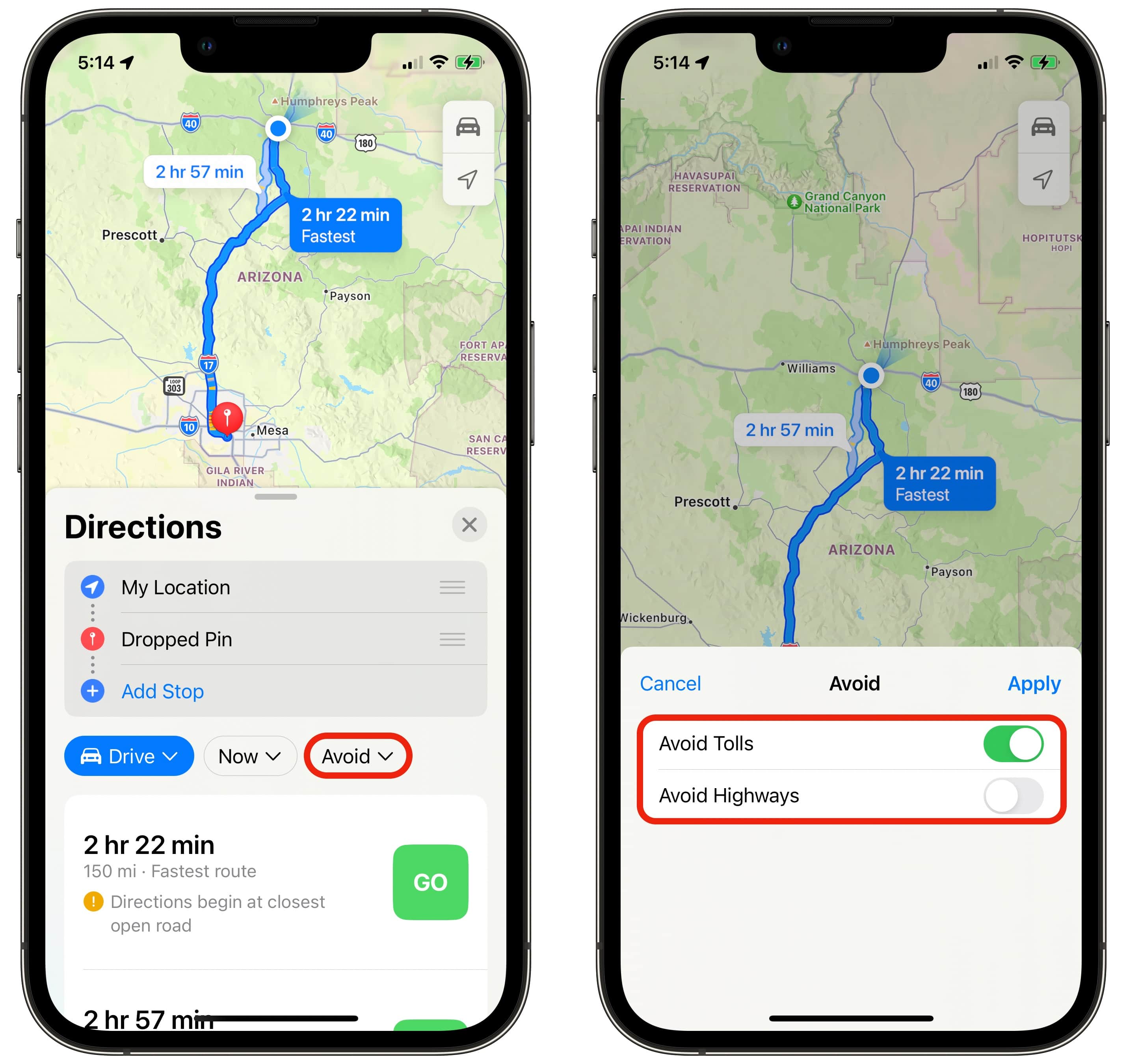Avoid tolls in Apple Maps