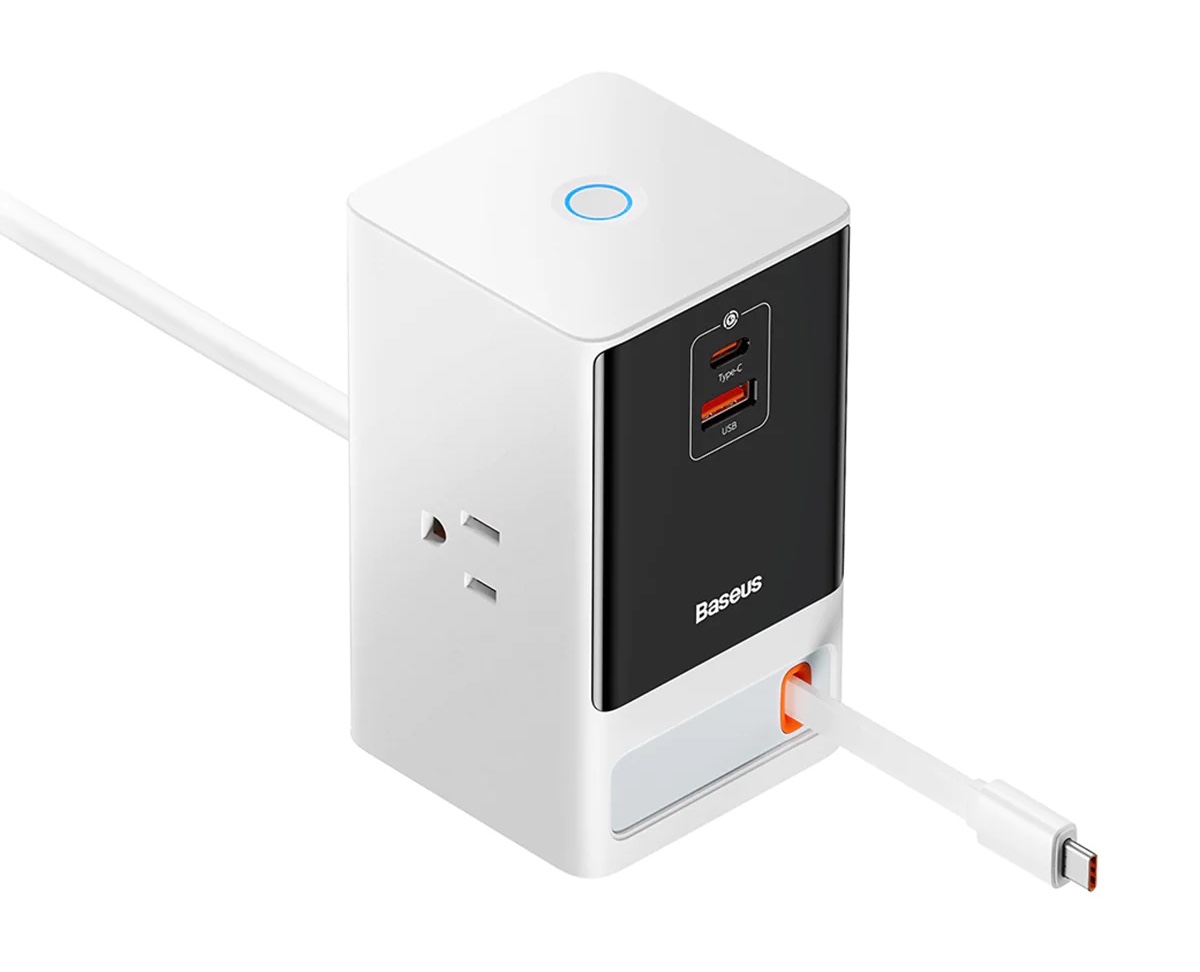 The device sports three power outlets, USB-C and USB-A ports, and a retractable USB-C cable.