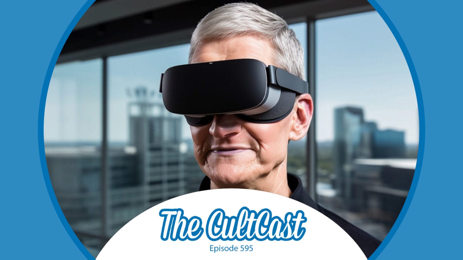 CultCast 595: AI-generated image of Apple CEO Tim Cook wearing an AR/VR headset, along with the CultCast logo.