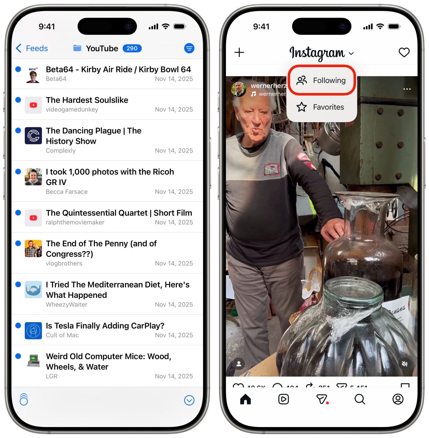 NetNewsWire showing a YouTube feed and Instagram switching to the Following tab