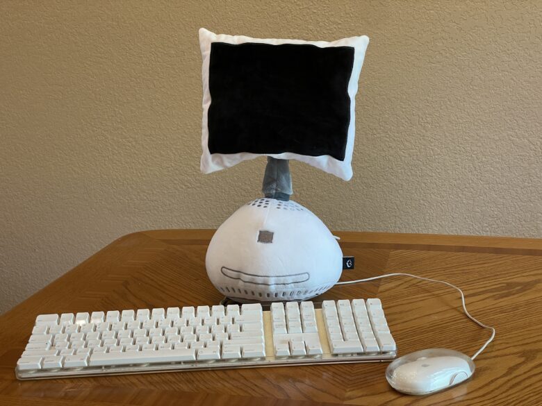 Throwboy iMac G4 pillow with period-correct USB Keyboard and Mouse