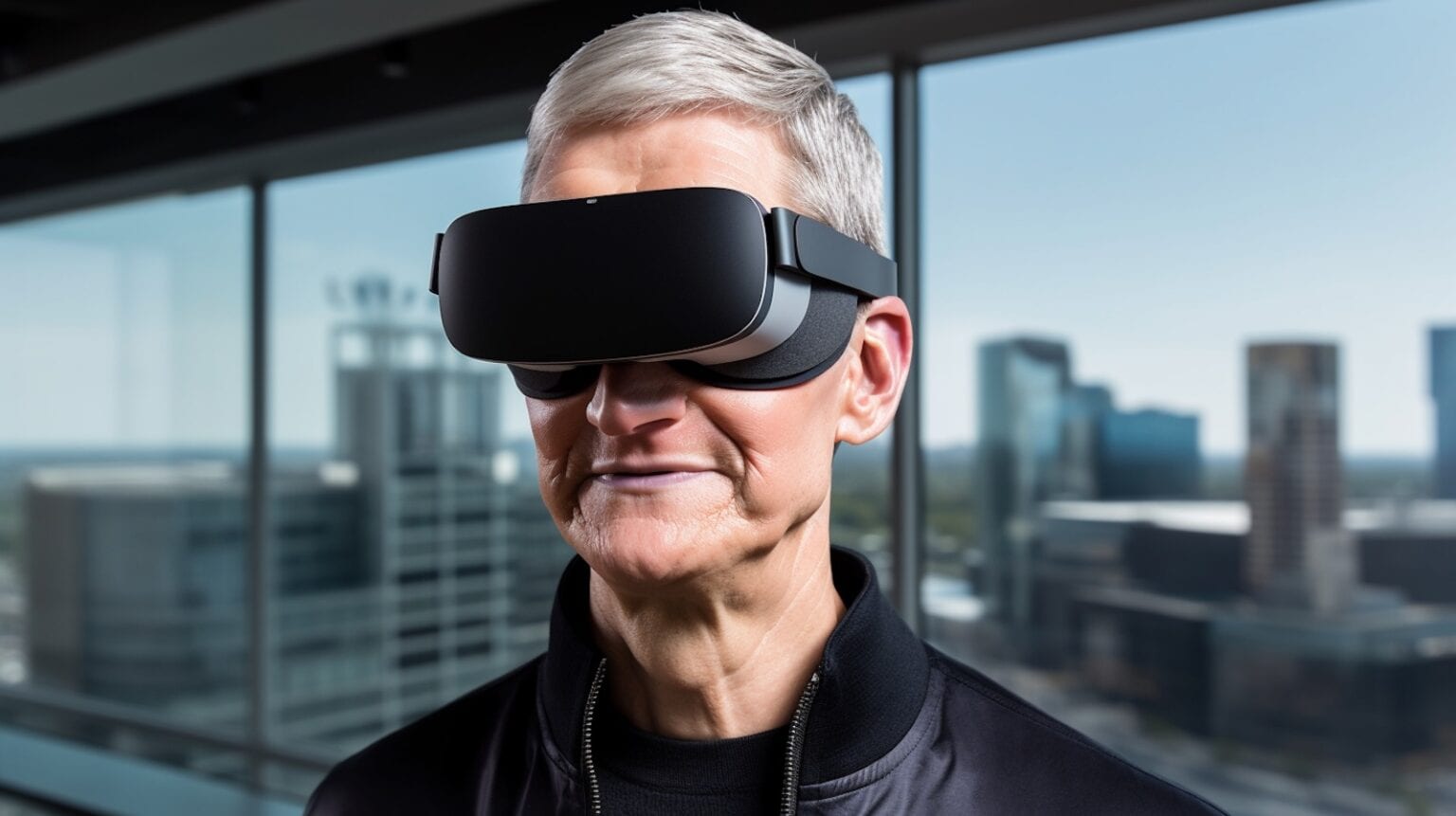 An AI-generated image of Tim Cook wearing an Apple-branded VR headset.