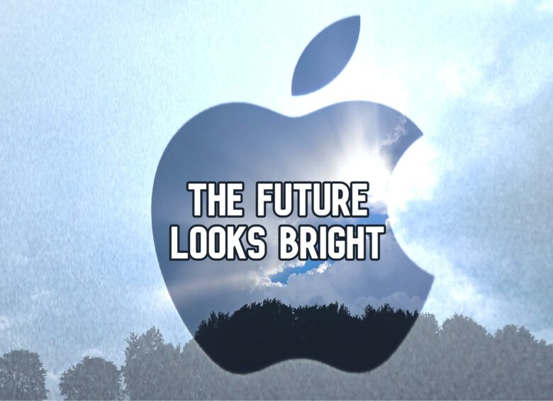Apple logo overlayed in front of a stormy sky with sun breaking through the clouds, and the text, "The future looks bright."