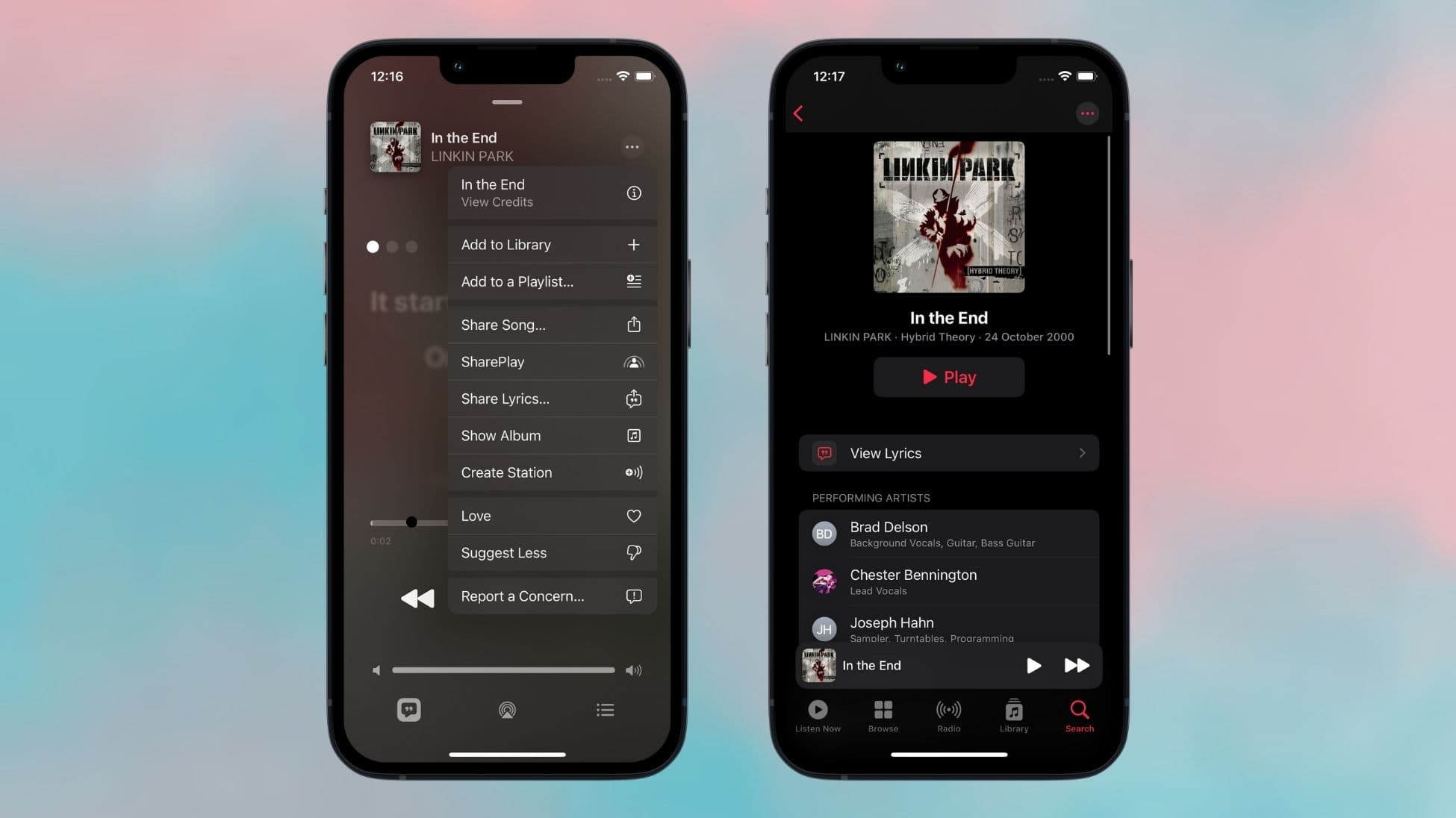 Apple Music in iOS 17 beta 3 displays detailed song credits.
