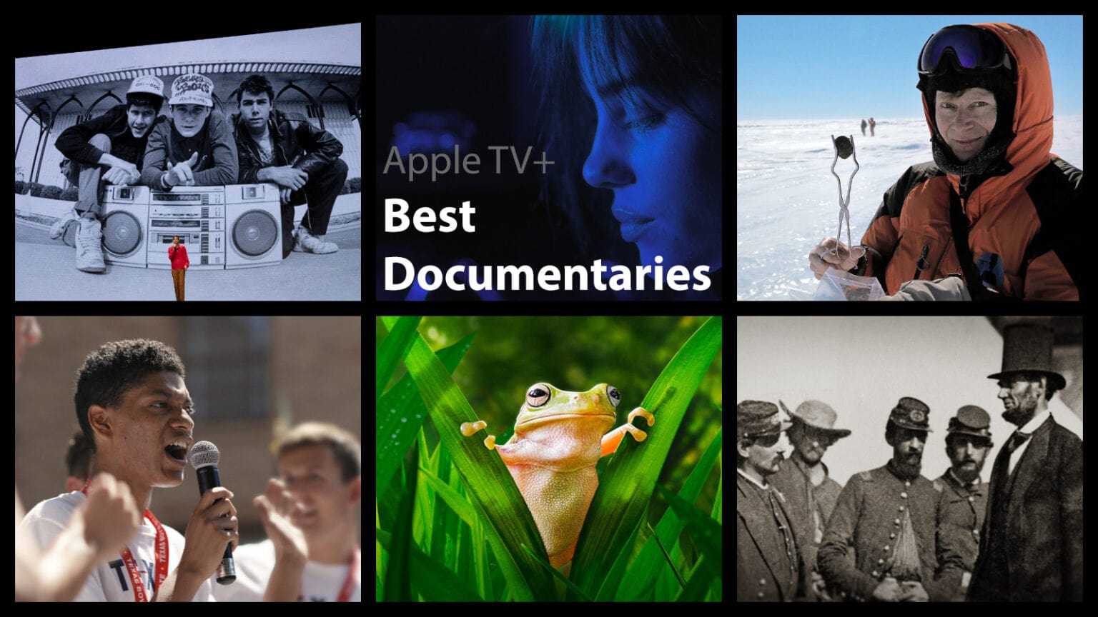 Apple TV+ best documentaries collage, with photos from six Apple TV+ documentaries.
