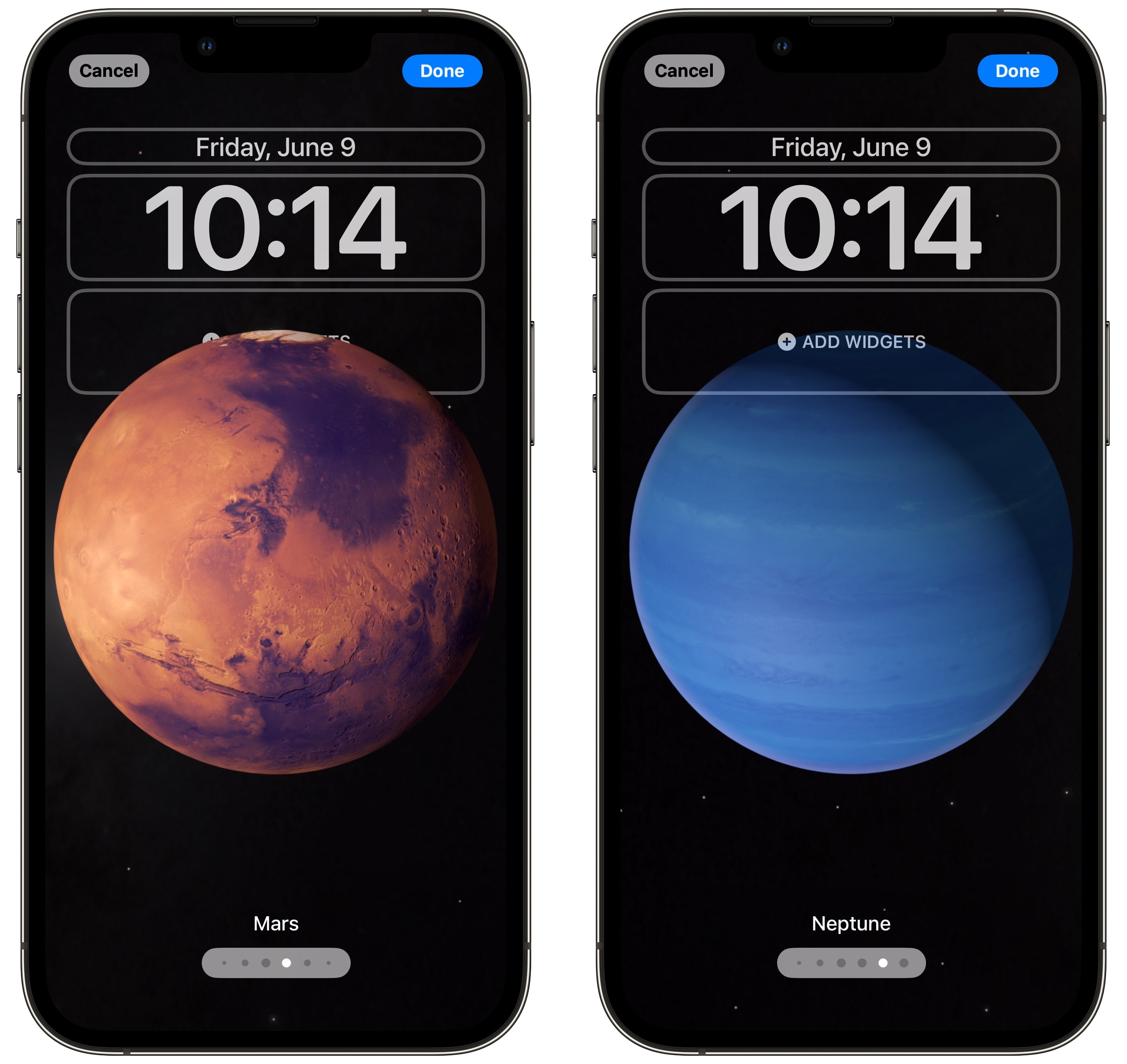 المريخ ونبتون على شاشة قفل علم الفلك