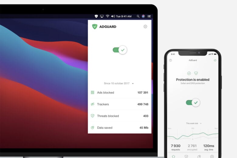 A screenshot shows AdGuard, an ad blocker and VPN for Mac, iOS, Android and Windows.