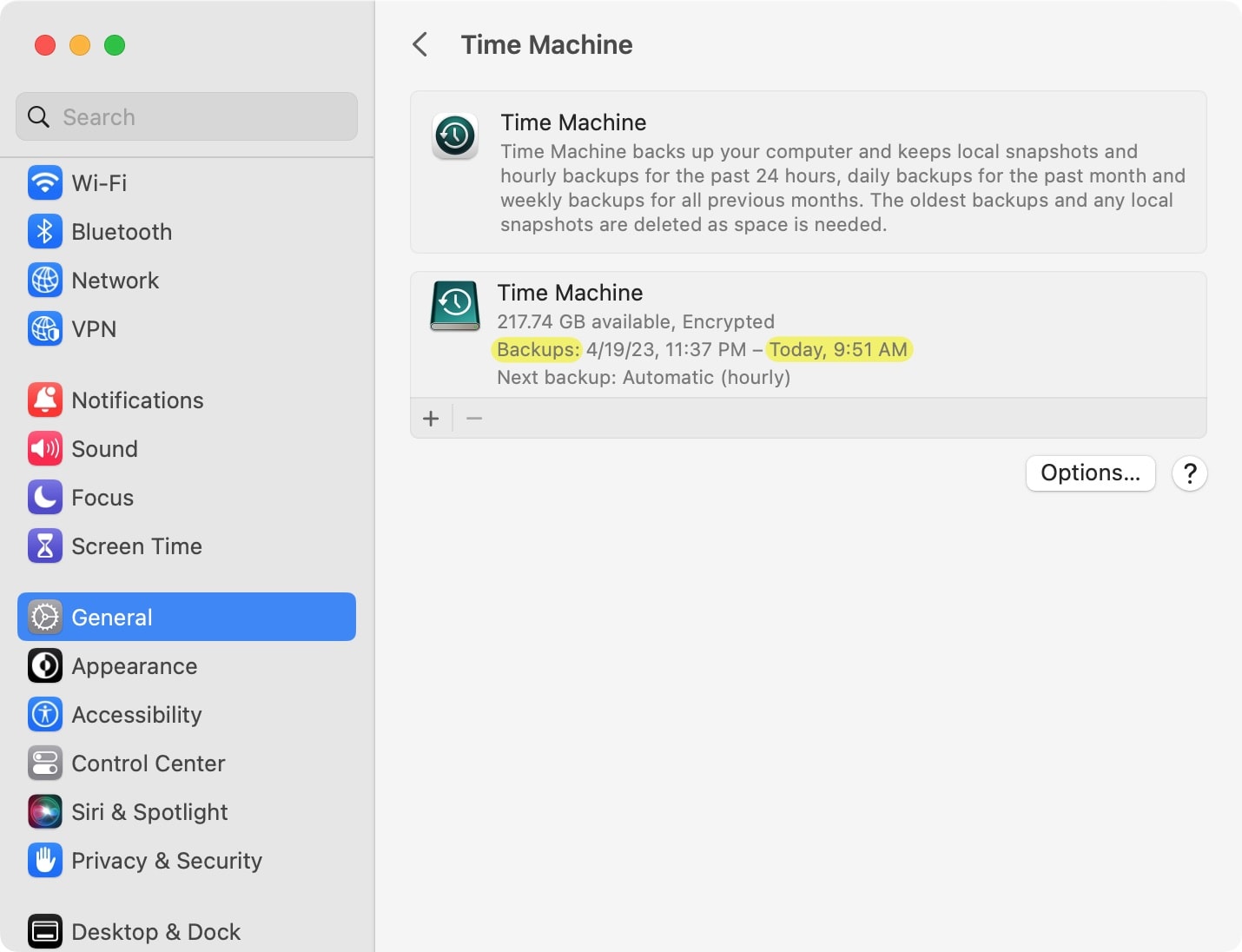 Check Time Machine backups in System Settings