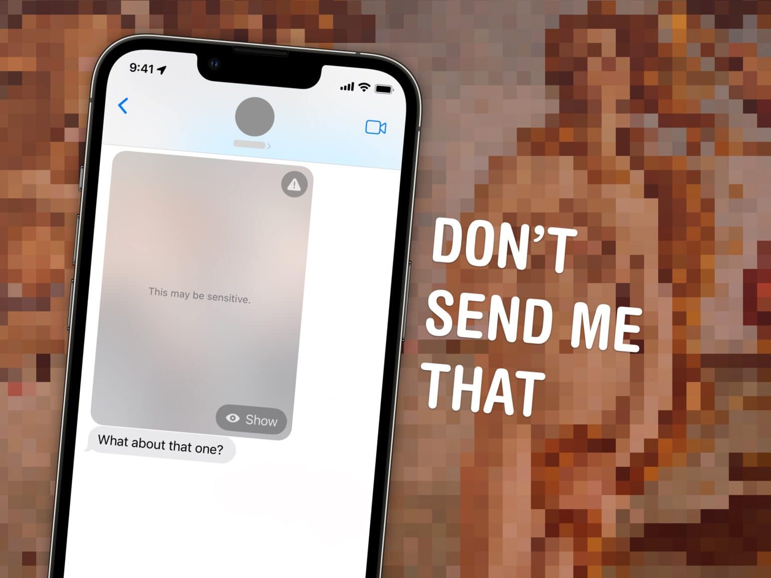 Text: “Don’t Send Me That” with screenshot of blocked image in iMessage
