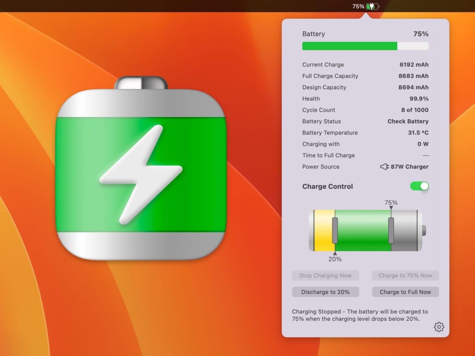 Energiza Pro battery health panel in the Mac menu bar