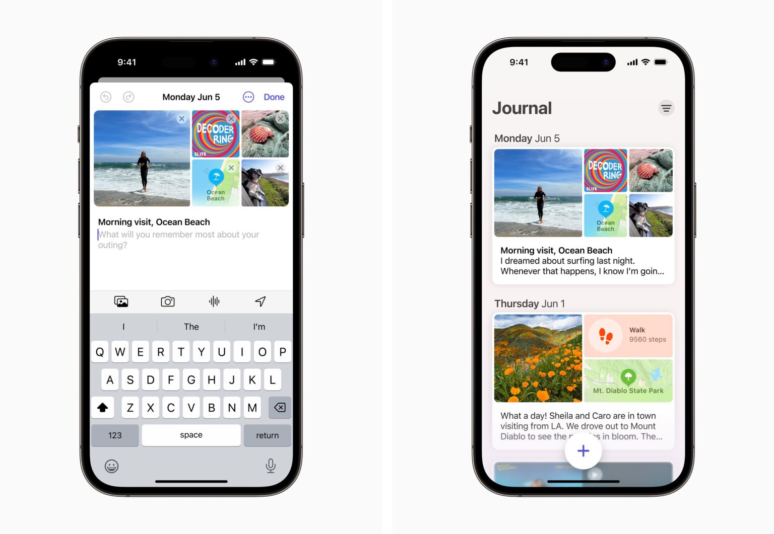 Apple Journal App press images creating new entry and list of past entries