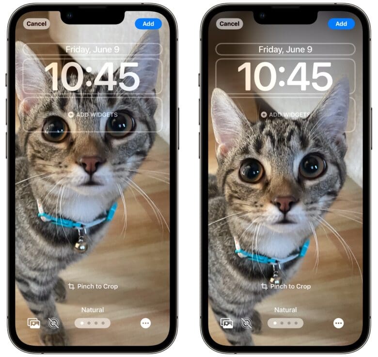 Fitting a picture of a cat on a Lock Screen, the image is nudged downwards and filled in above to better fit under the clock.