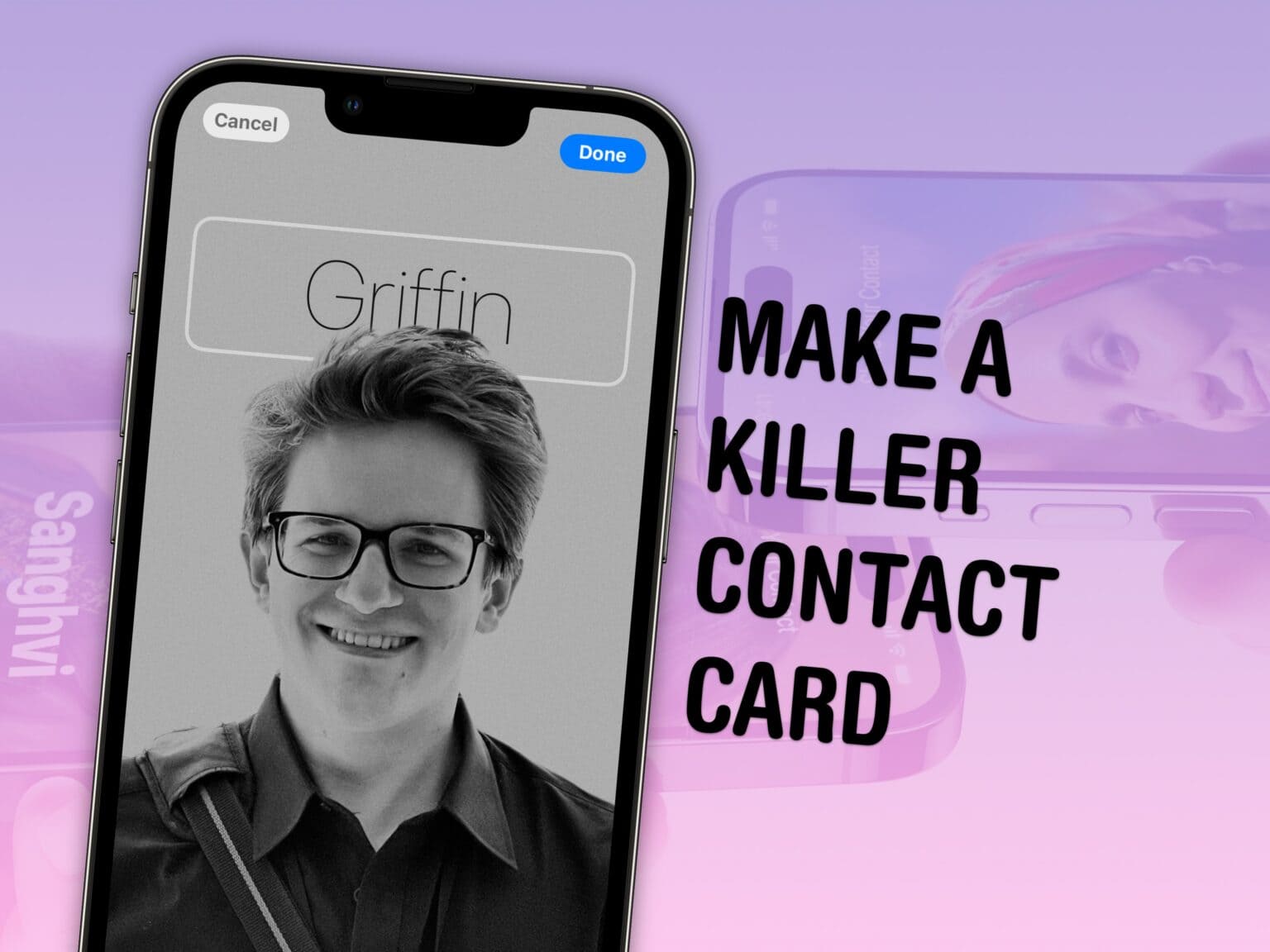 Text: “Make a killer contact card” next to a screenshot of an iOS 17 Contact Poster