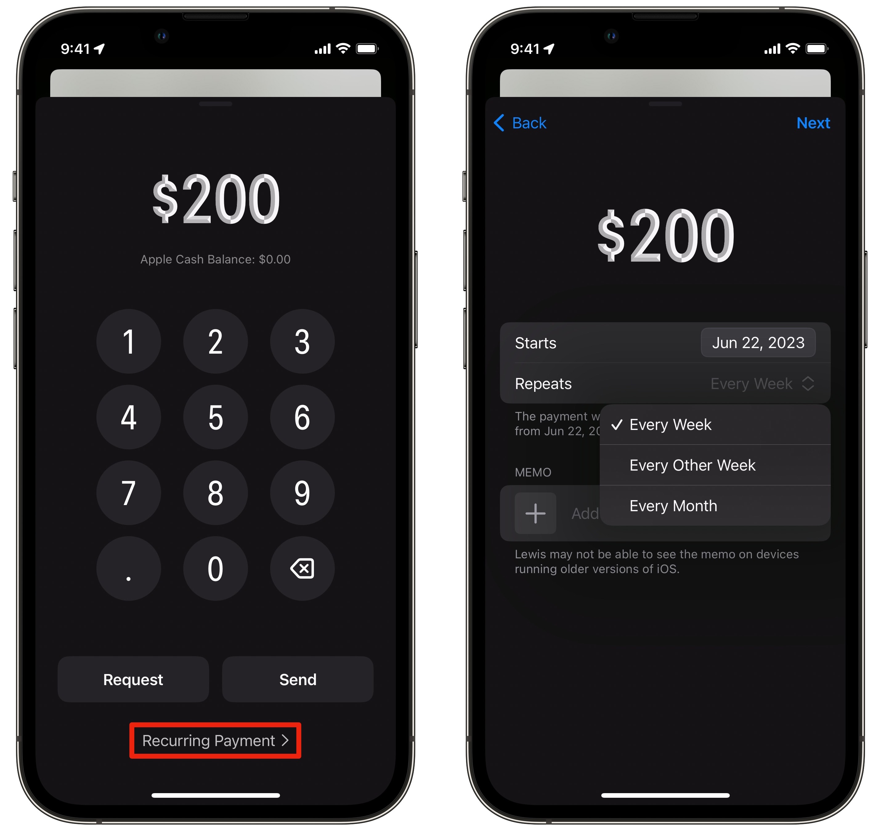 Set up recurring Apple Cash Payments