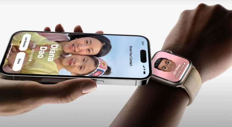 NameDrop will work between two iPhones or between an iPhone and an Apple Watch. 