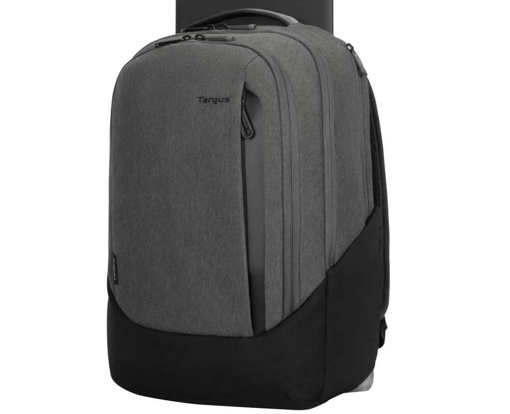 The straightforward backpack features Find My functionality and is made from recycled bottles.