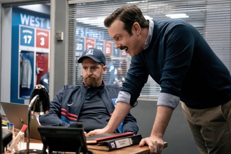 Brendan Hunt and Jason Sudeikis in "Ted Lasso," now streaming on Apple TV+.