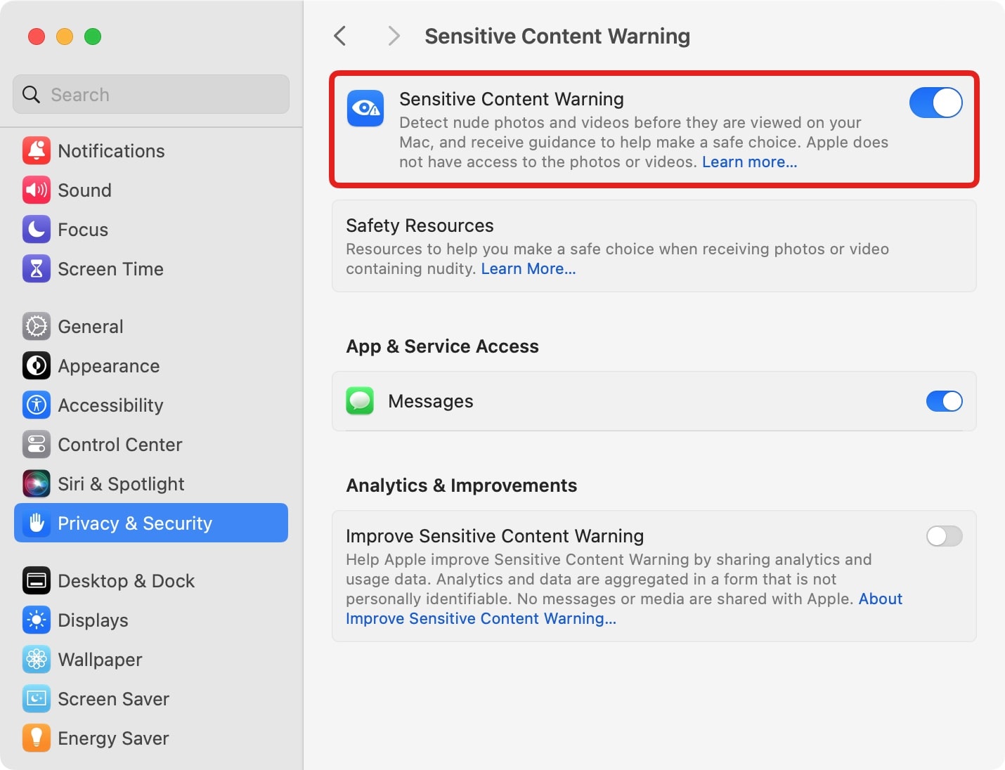 Turn on Sensitive Content Warnings in System Settings