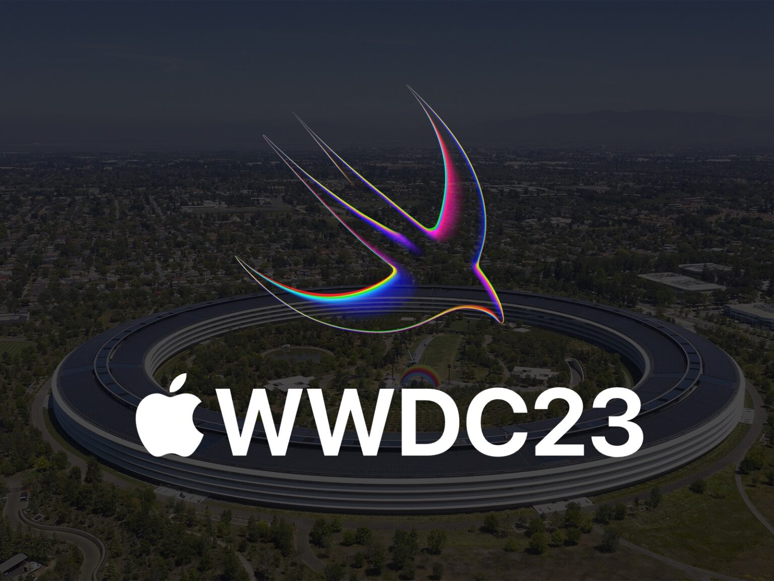 WWDC23 logo over aerial photo of Apple Park