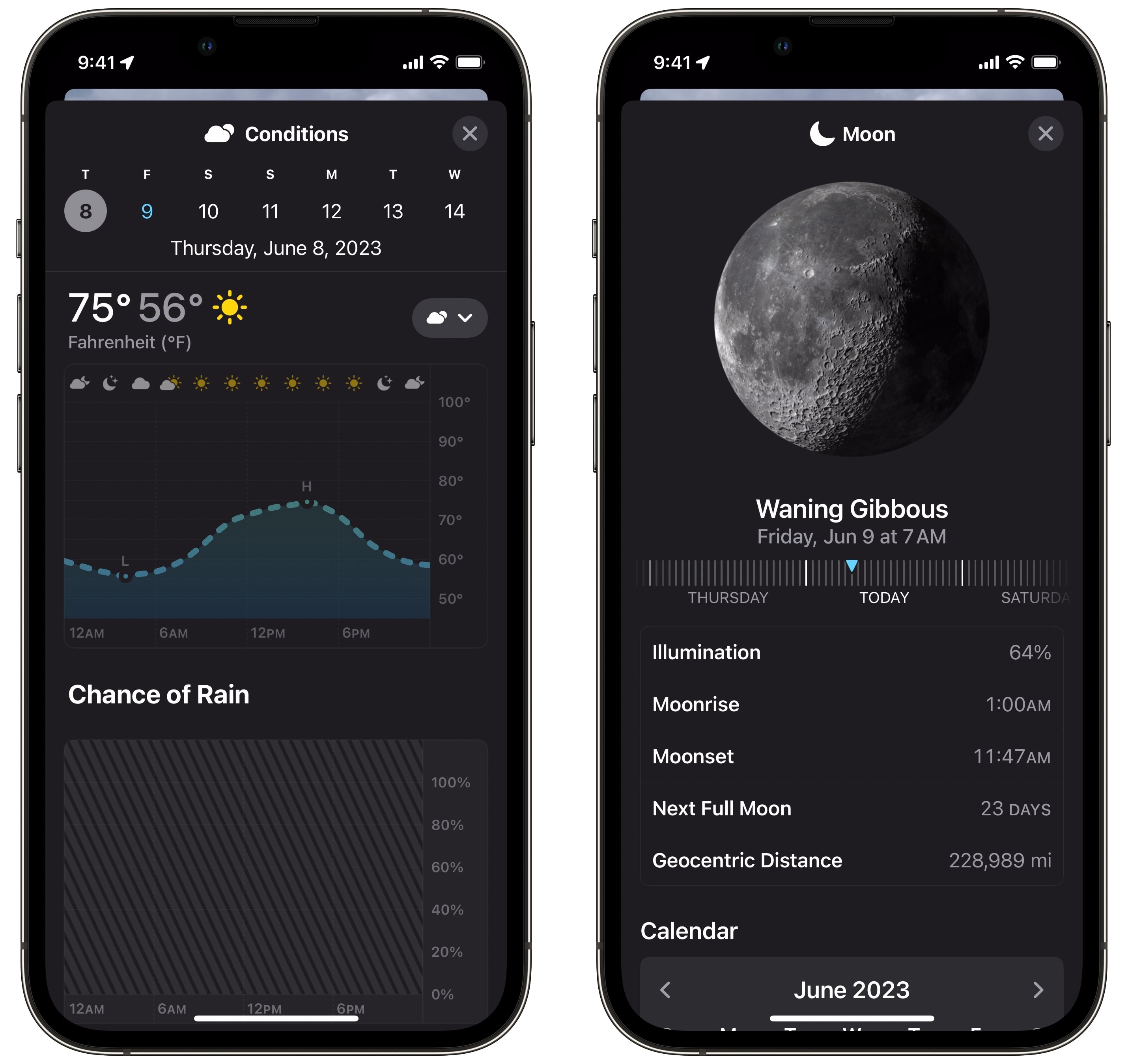 See yesterday’s weather data or the phases of the moon in Weather.
