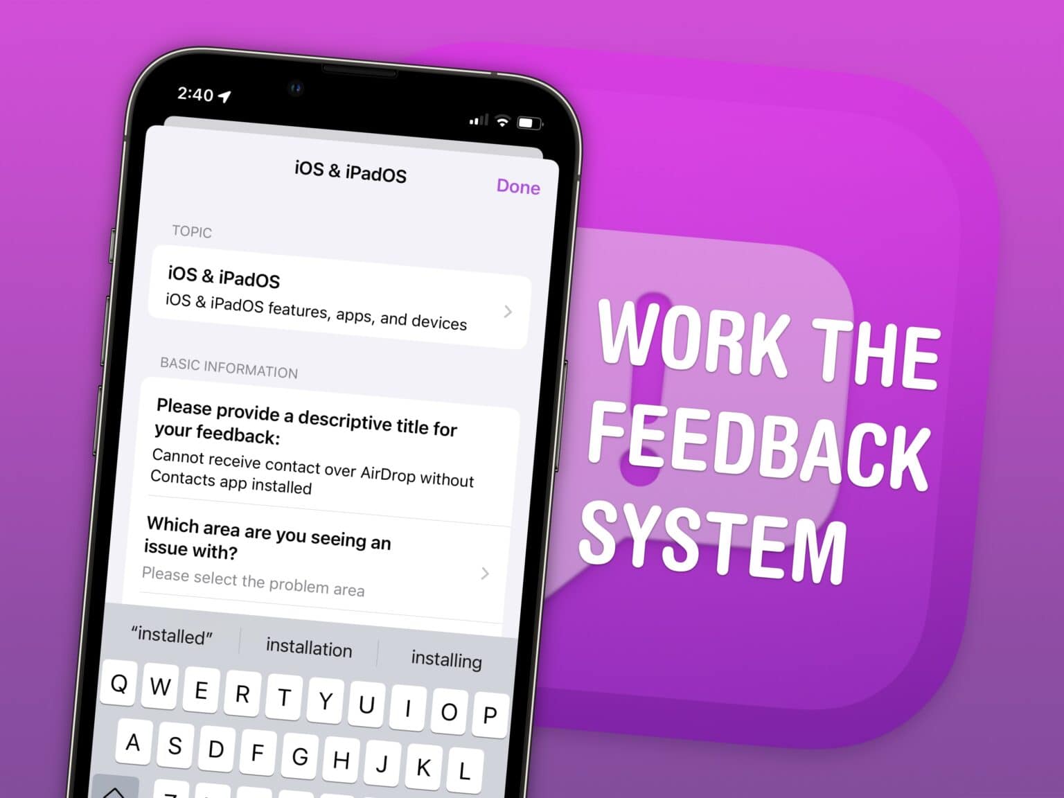 Text “Work the Feedback System” next to a screenshot of Feedback on iPhone