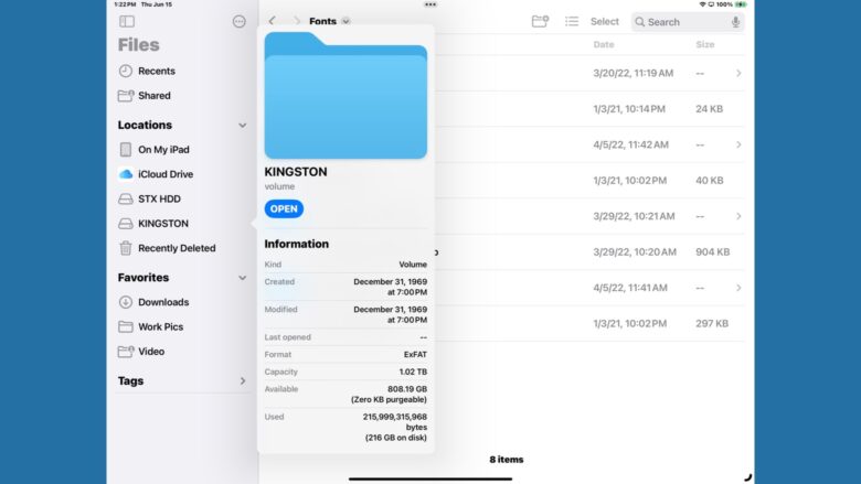 iPadOS 17 Files app drive info popup