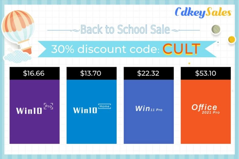 Back to School Sale at CdkeySales.com. Use 30% discount code CULT to save on Windows 10, Microsoft Office and more.