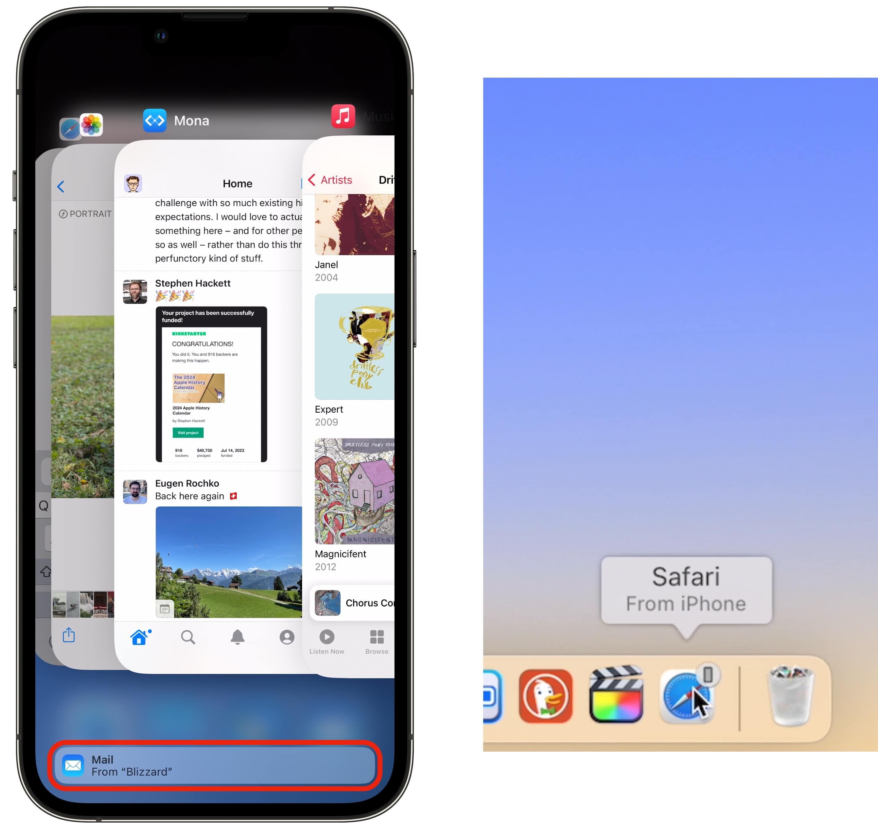 Left: Handoff suggesting an app inside the app switcher on the iPhone. Right: Handoff showing an app icon in the Dock on the Mac.
