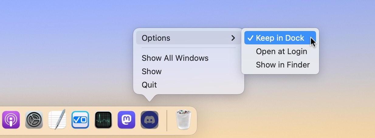 Turning off Keep in Dock