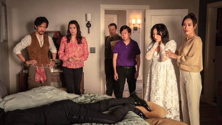 Episode 1. Zach Woods, John Cho, Zoë Chao, Paul Walter Hauser, Ken Jeong, Poppy Liu and Vivian Wu in "The Afterparty," premiering July 12, 2023 on Apple TV+.