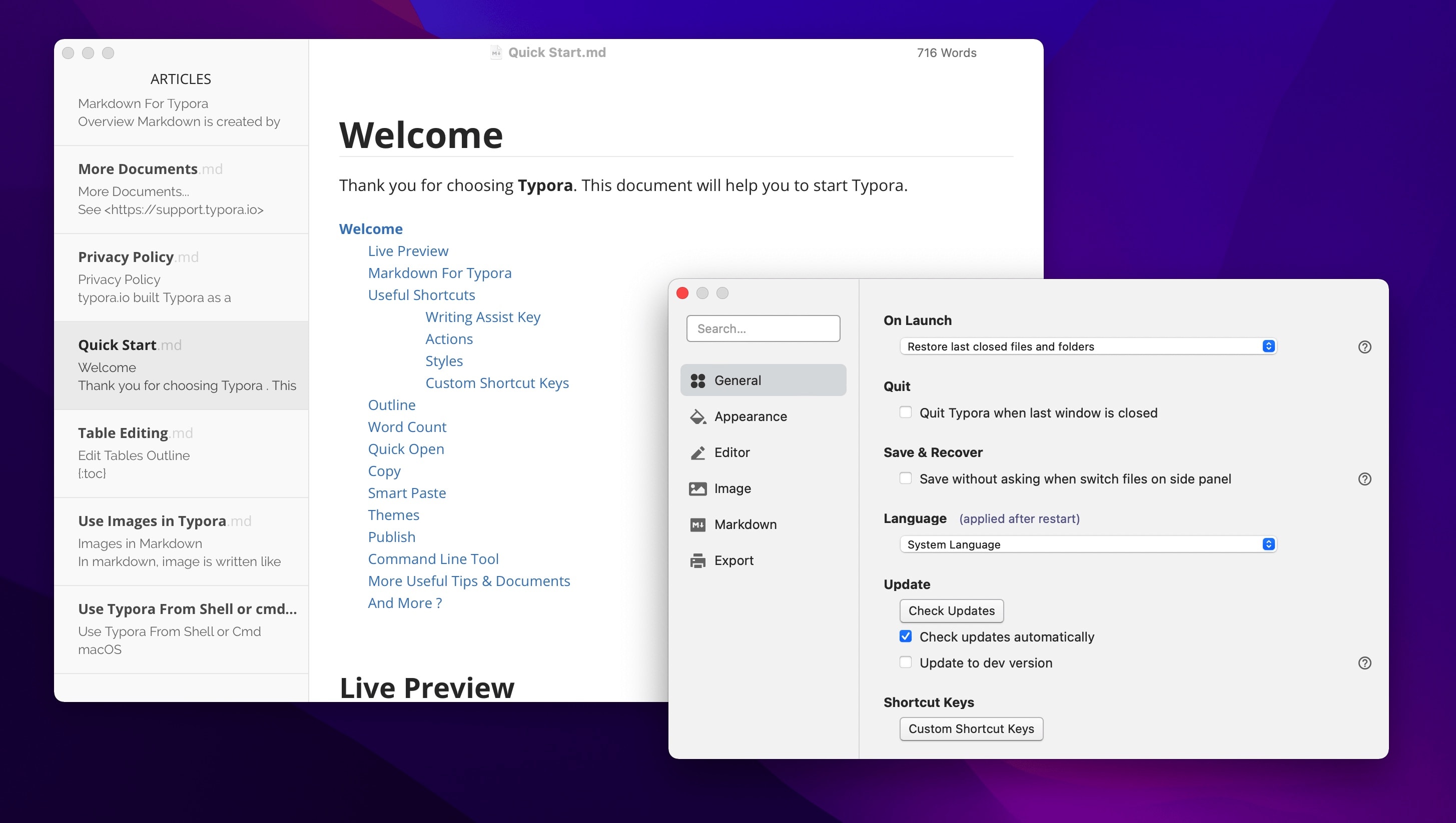Typora's native features for Mac include auto-save, version control, spell check and more.