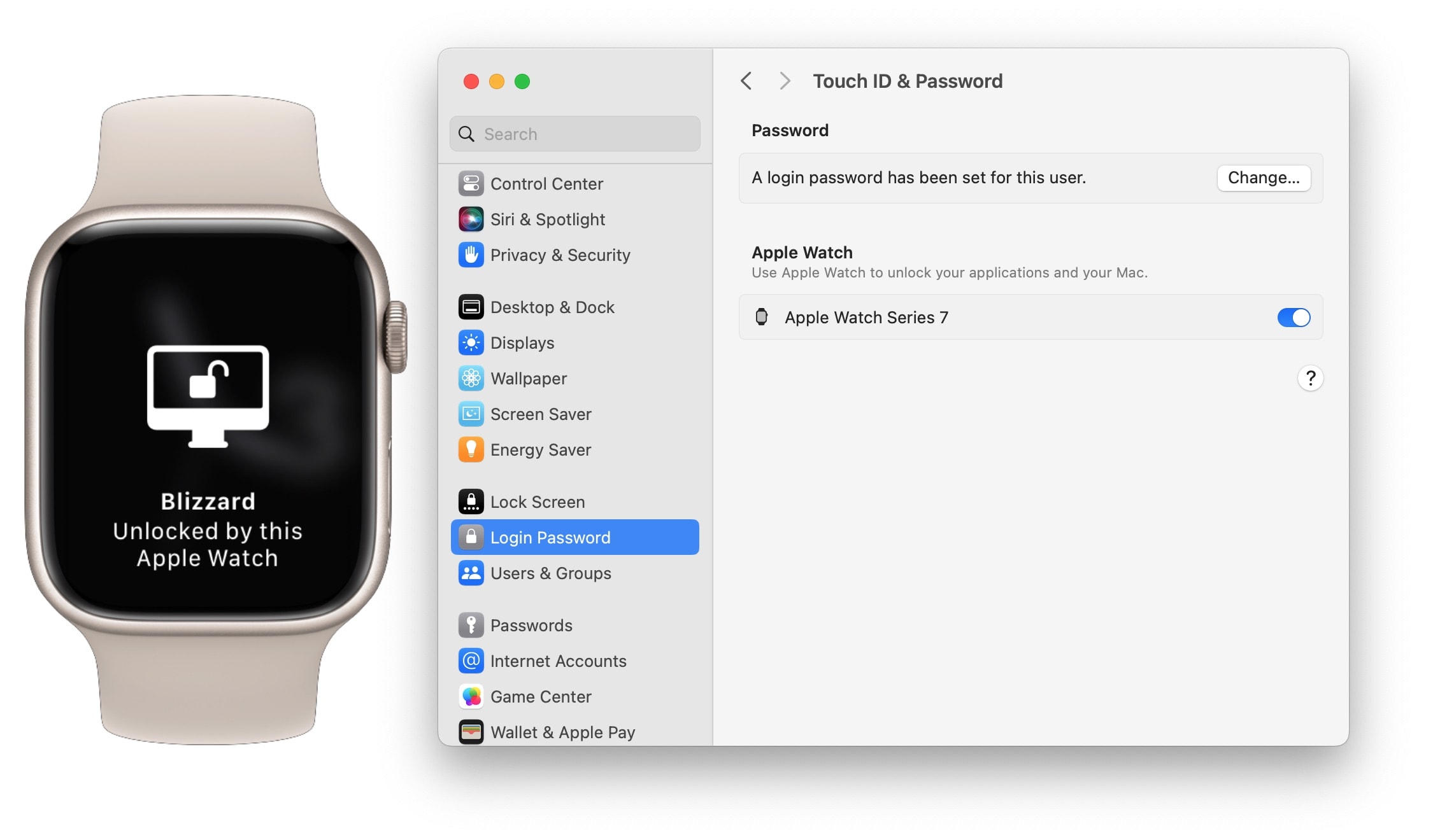Turning on Unlock with Apple Watch in System Settings