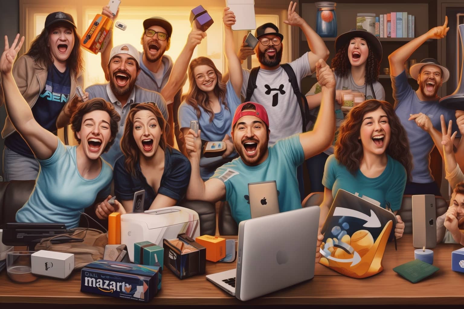 A group of happy Amazon Prime Day customers celebrating their savings on Apple gear