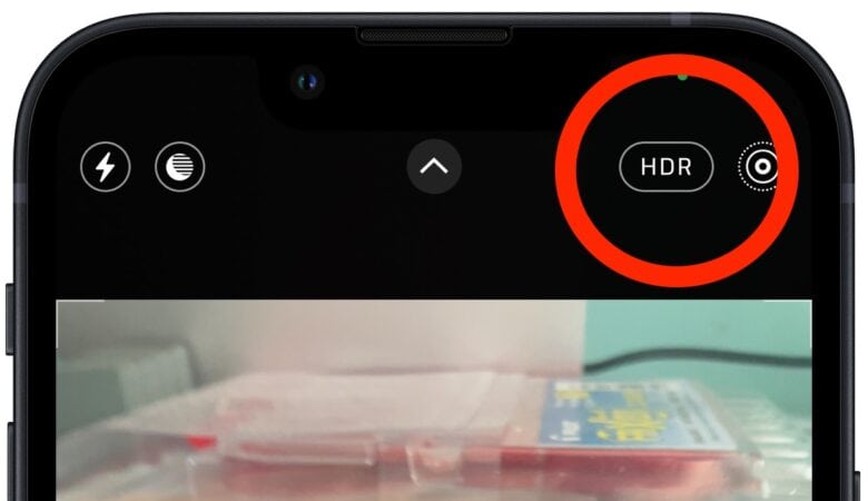 Screenshot showing how to toggle HDR on or off in the Camera app.