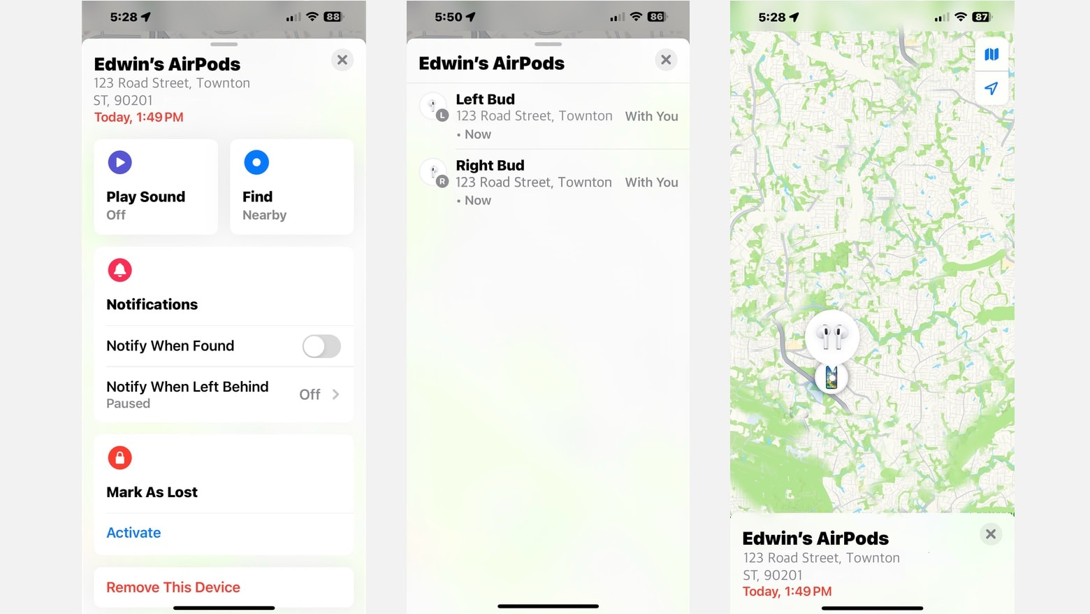 AirPods in Apple's Find My application