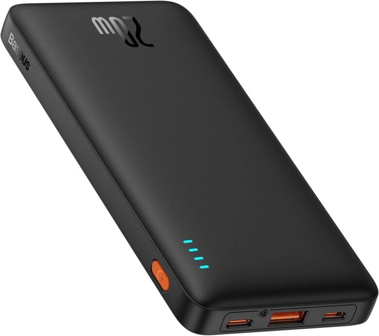 The power bank features USB-C and USB-A ports.