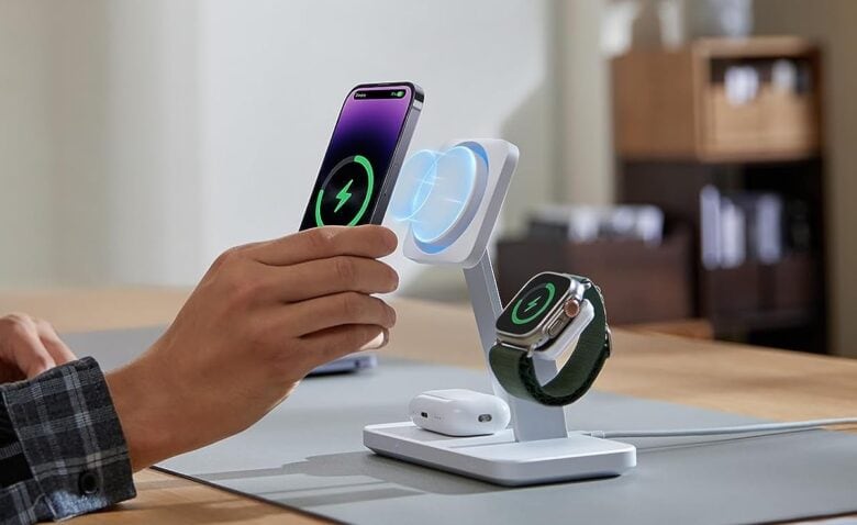 The 3-in-1 wireless charger juices up MagSafe iPhones, Apple Watch and AirPods.