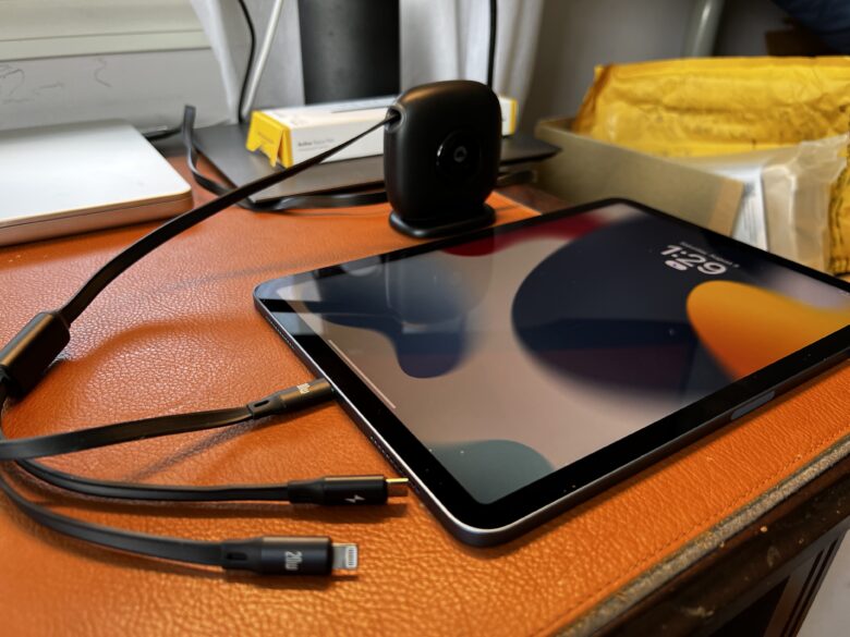 XuperCable turns 360 degrees on its adhesive base and offers retractable USB-C, micro USB and Lightning charging cables.