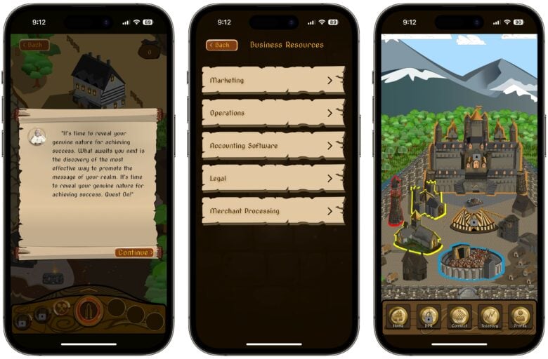 Business Empire screenshots (sponsored post) of business resources, and a fantasy map
